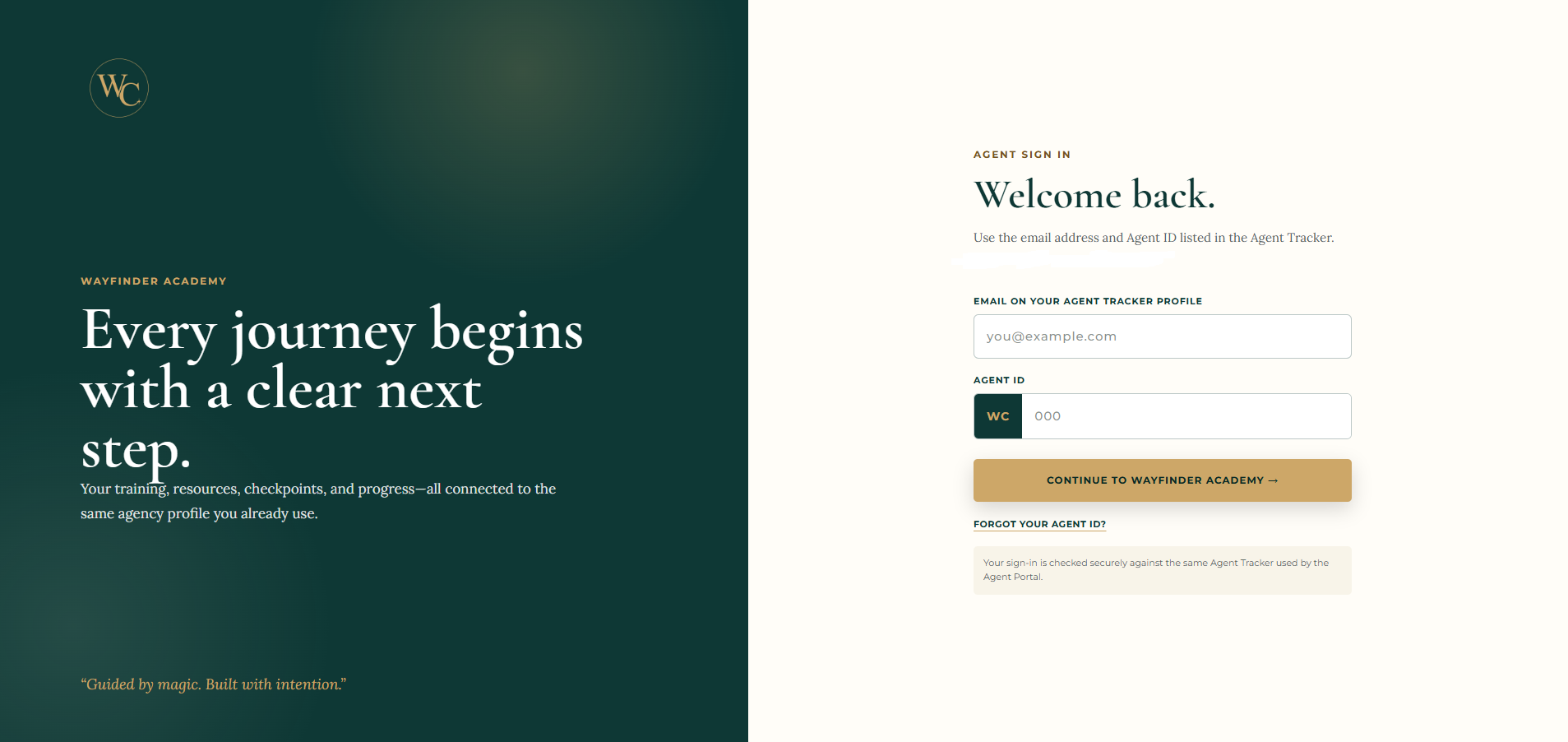 Wayfinder Academy welcome and agent sign-in screen.