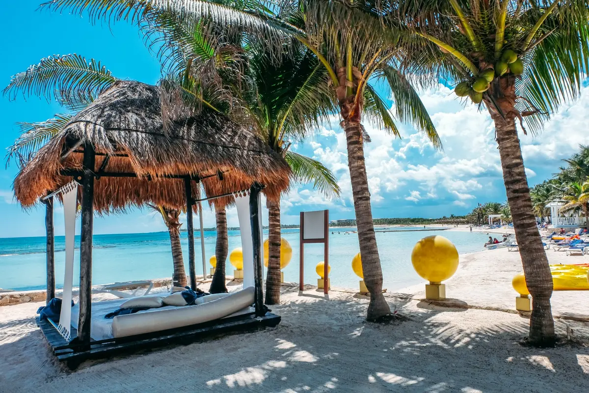 A shaded daybed beneath palm trees on a white sand beach