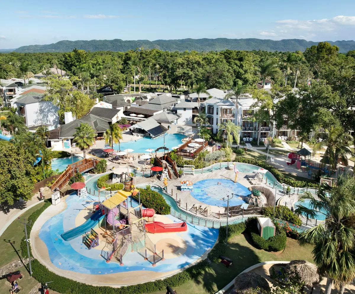 The pools, waterslides, and tropical gardens at Beaches Negril