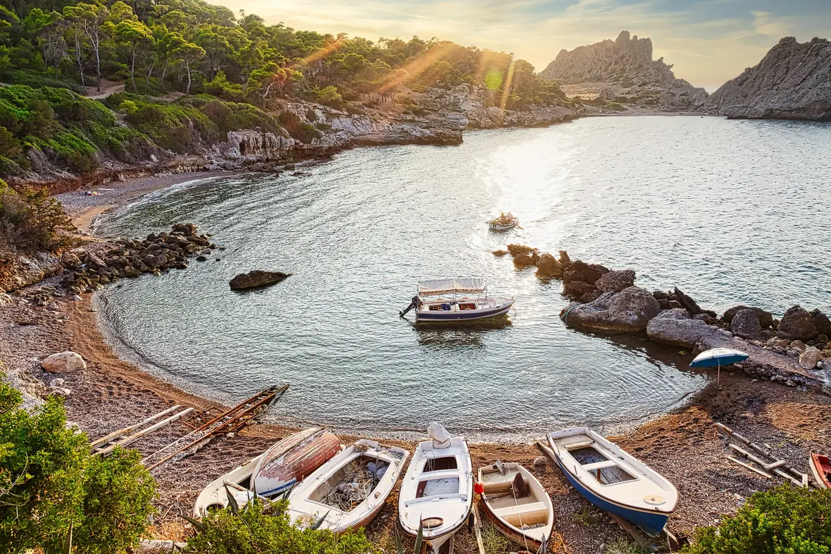Small boats in a sheltered Mediterranean bay