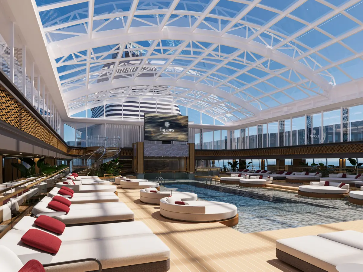 Rendering of The Conservatory pool and loungers beneath a glass roof