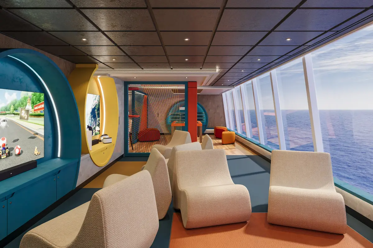 Rendering of the Nautilus teens space with games, lounge chairs, and ocean views