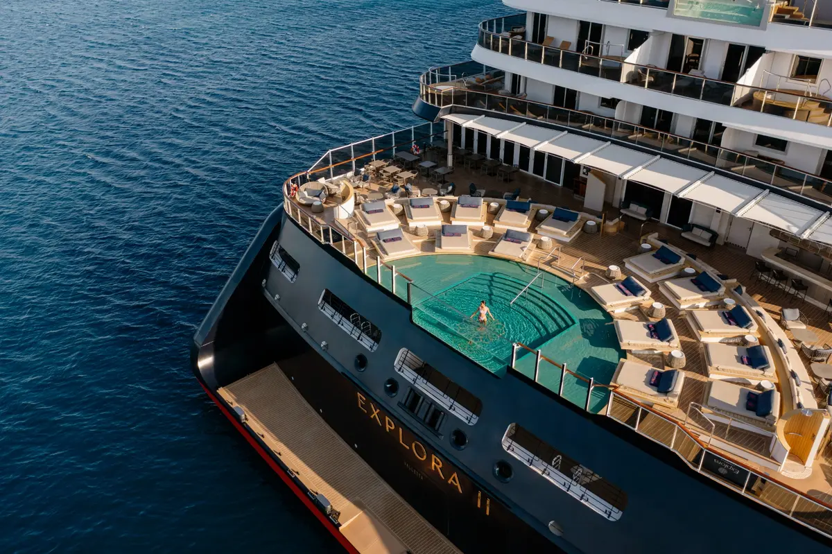 An aerial view of an Explora pool deck above the blue sea