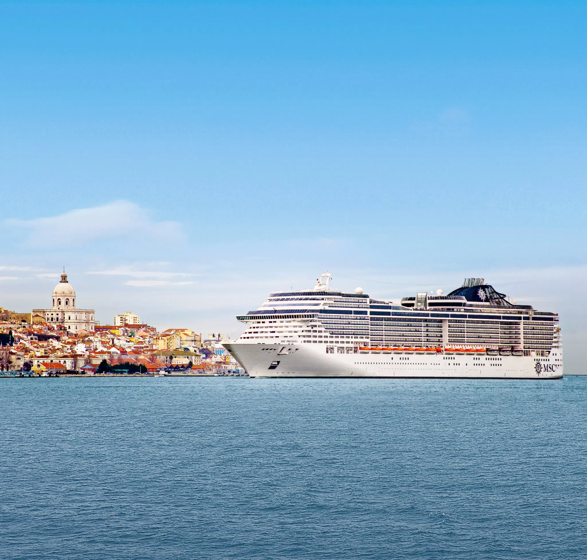MSC Preziosa sailing past Lisbon’s waterfront