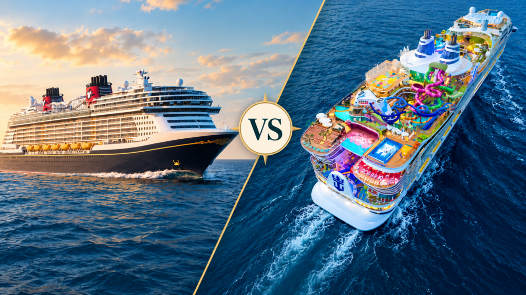 Disney Cruise Line and Royal Caribbean ships beside a central VS emblem.