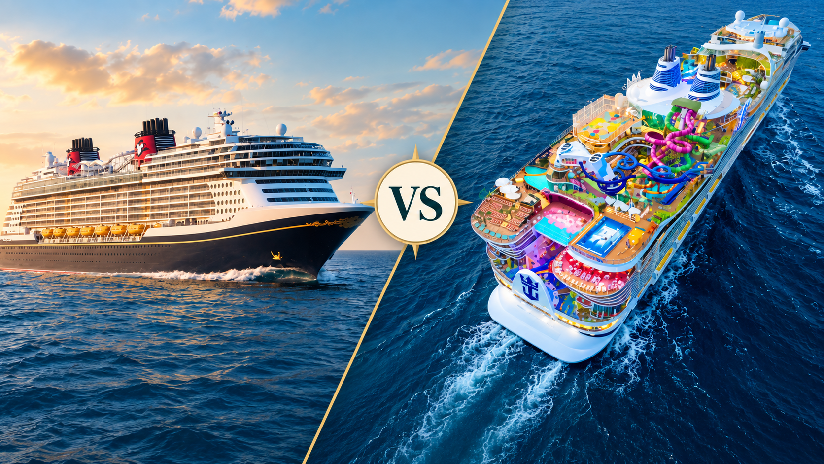 Disney Cruise Line and Royal Caribbean ships beside a central VS emblem.